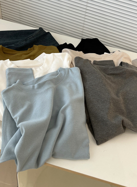 韩版简约纯色基础百搭圆领长袖T恤女修身显瘦打底衫上衣秋季新款