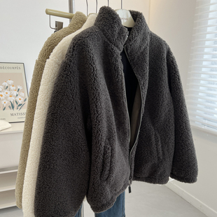 复古立领拉链羊羔毛外套女宽松慵懒加厚保暖棉衣冬季 行走 暖炉
