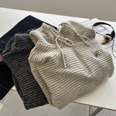 宽松韩版复古条纹半拉链卫衣女