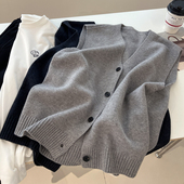 日系简约纯色v领开衫 针织马甲背心女宽松文艺减龄无袖 上衣外套秋