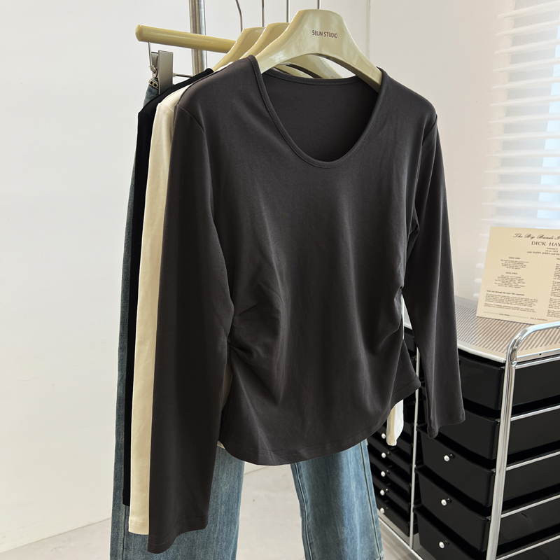 长袖韩版复古褶皱弹力棉女t恤