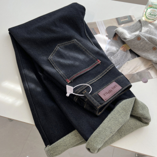 2024秋冬新款 女宽松显瘦薄绒长裤 复古洋气chic高腰直筒牛仔裤 韩版