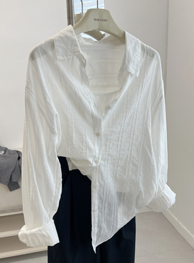 韩系chic时髦白色竖纹理长袖衬衫女宽松慵懒防晒衫上衣秋季新款潮