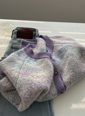 韩版复古温柔chic紫色彩虹条纹圆领开衫毛衣女宽松减龄针织衫秋冬