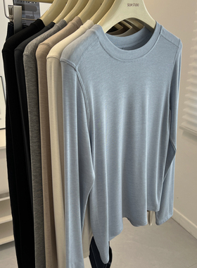 韩版纯色简约圆领修身长袖T恤女内搭打底衫上衣薄款2024秋季新款