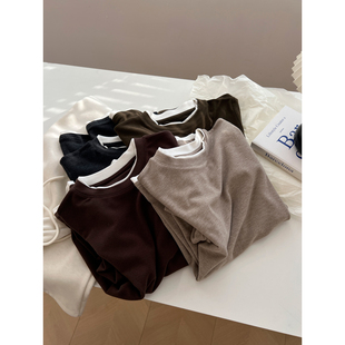 冬季 厚实保暖内搭打底衫 潮 T恤女修身 百搭复古撞色假两件圆领长袖