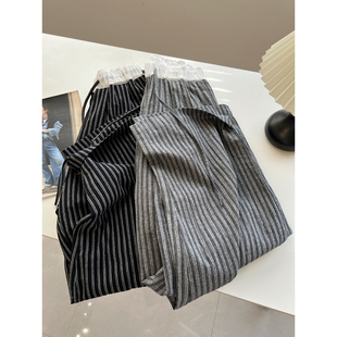 韩版复古时髦设计感高腰竖条纹阔腿裤女宽松慵懒直筒休闲裤春季潮