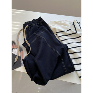 复古深蓝色明线高腰牛仔裤 学生长裤 女宽松文艺直筒裤 新款 春季 韩版