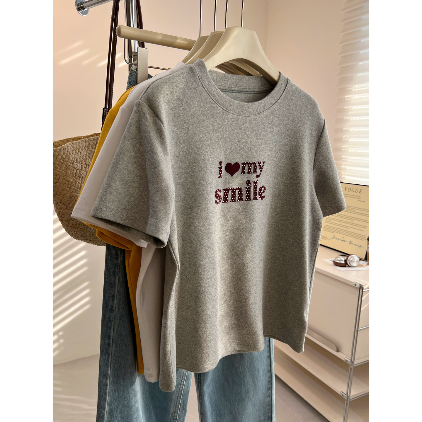 韩版复古植绒字母圆领短袖t恤女宽松加厚磨毛打底衫学生春季减龄