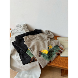 潮 新款 复古卡通小马印花圆领长袖 T恤女宽松小众减龄学生上衣春季