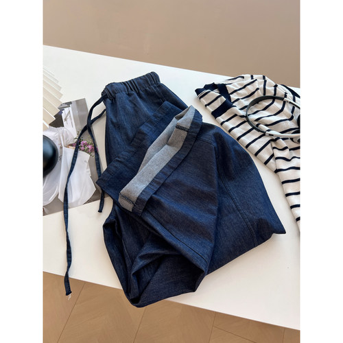 复古深蓝色高腰牛仔裤女宽松慵懒