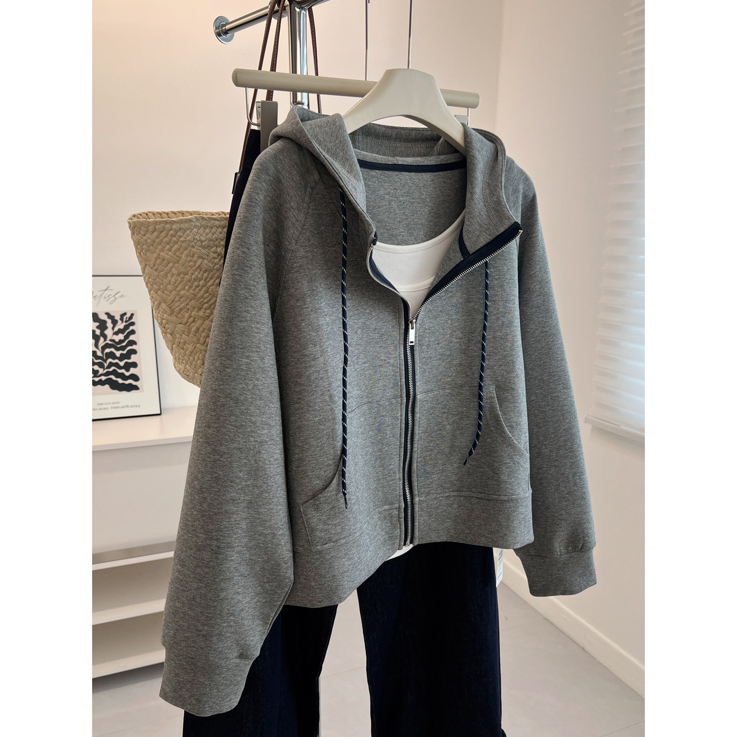 韩风灰色连帽拉链卫衣女宽松小众