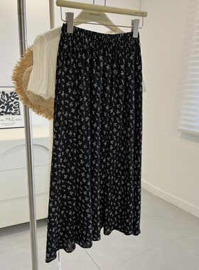 韩版chic时髦高腰黑色高腰半身裙女中长款小碎花裙雪纺a字裙子夏