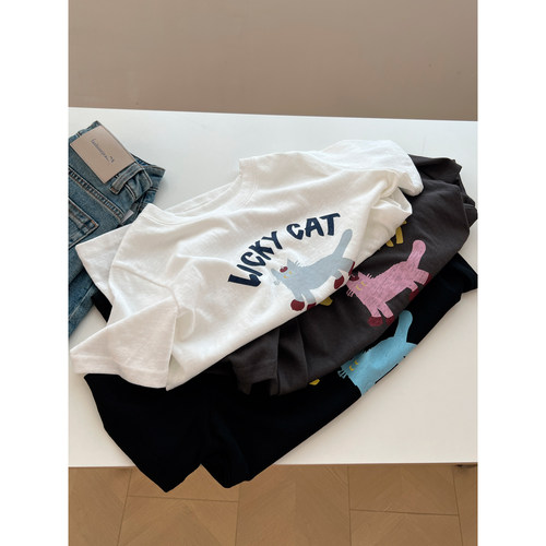 卡通小猫印花圆领短袖t恤女宽松