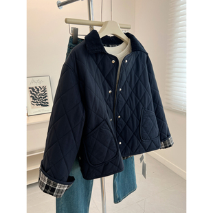 复古小众百搭中性bf风菱形格翻领棉衣女宽松慵懒冬季 棉服外套 新款