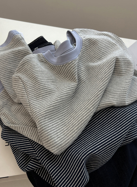 复古百搭领口撞色拼接假两件条纹长袖T恤女修身显瘦短款打底衫秋