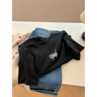 冬季 t恤女宽松厚实保暖内搭打底衫 复古德绒小猫减龄圆领短袖 韩版