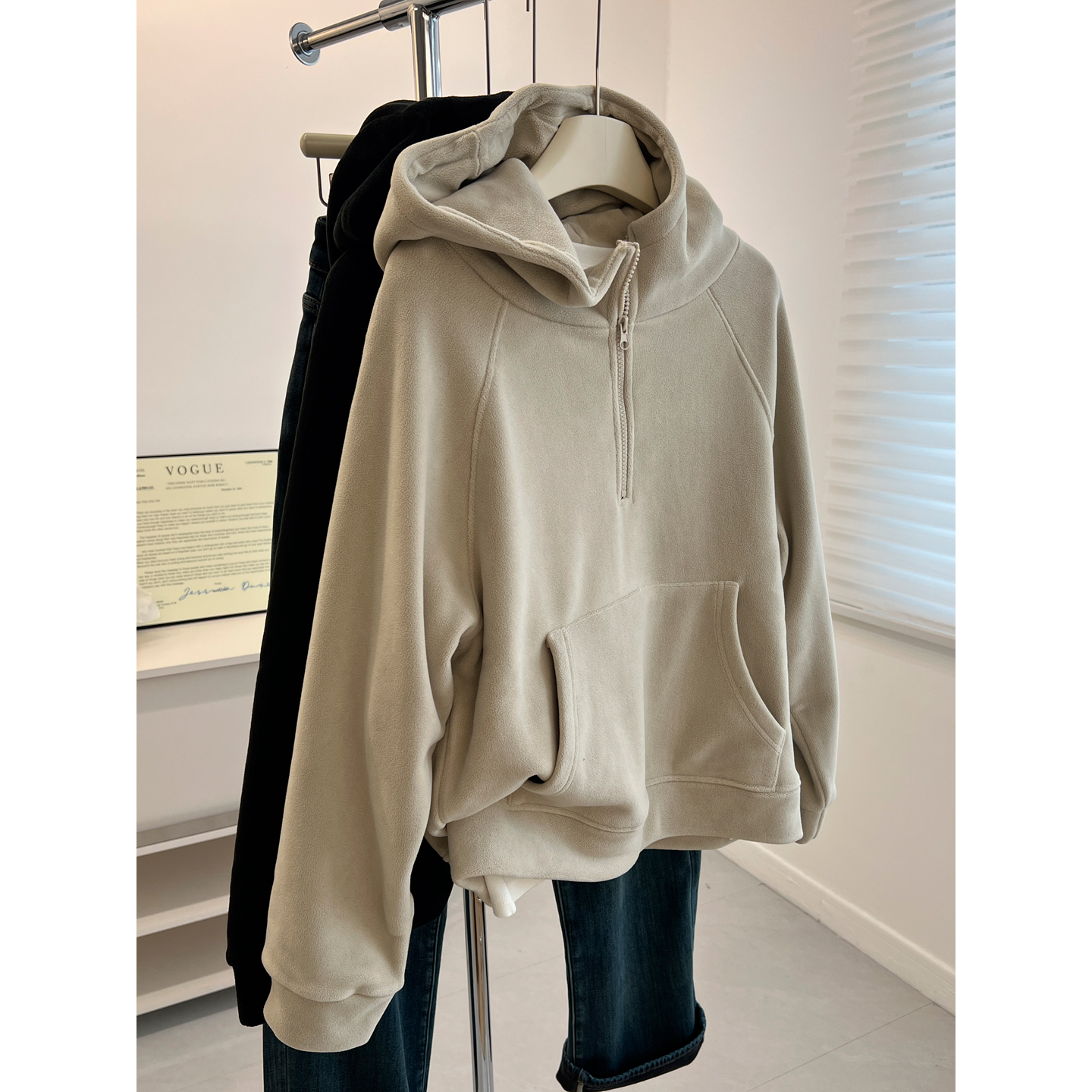 复古百搭拉链连帽套头卫衣女宽松