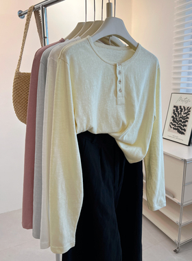 韩版复古亨利领纽扣长袖T恤女修身显瘦内搭打底衫洋气时髦秋季潮