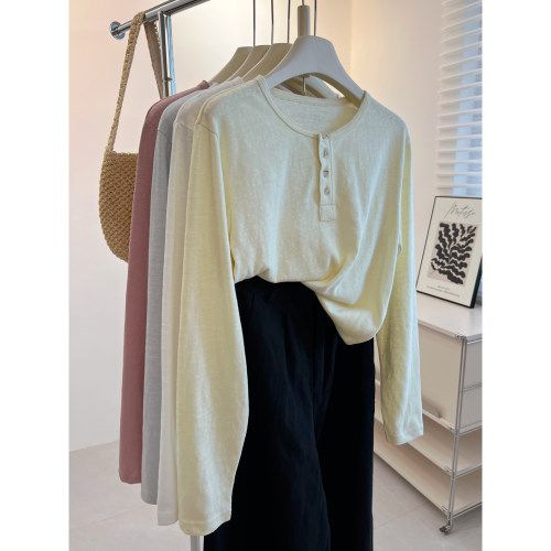 复古亨利领纽扣长袖T恤女修身潮