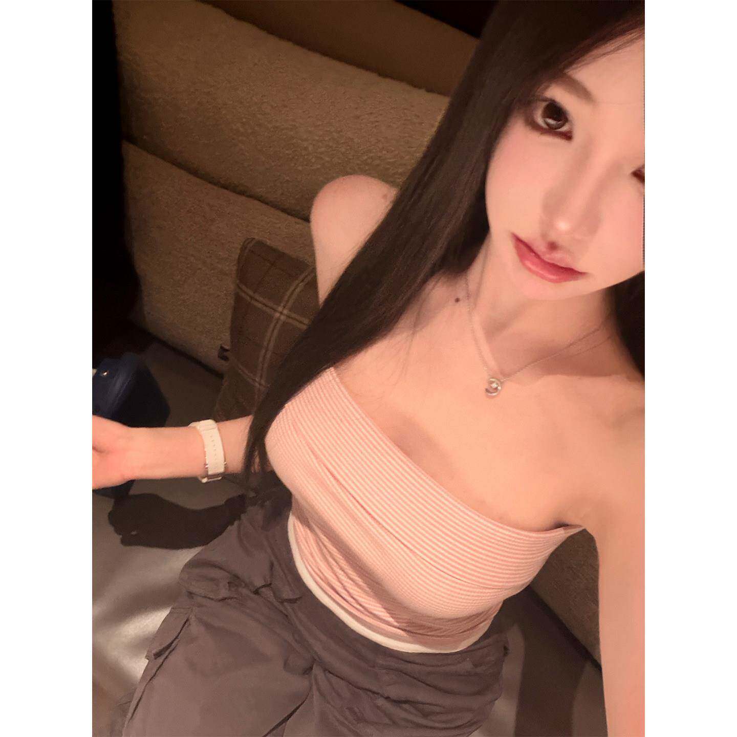 Cher 巧儿【蜜桃奶霜】卷边抹胸条纹上衣女夏辣妹短款内搭背心