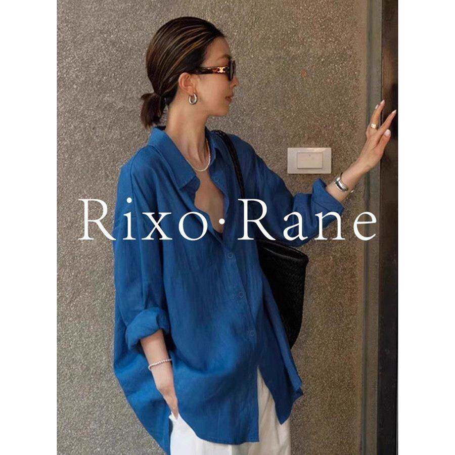 法国Rixo Rane 高级感亚麻防晒长袖衬衫开衫外套宽松棉麻蓝色衬衣