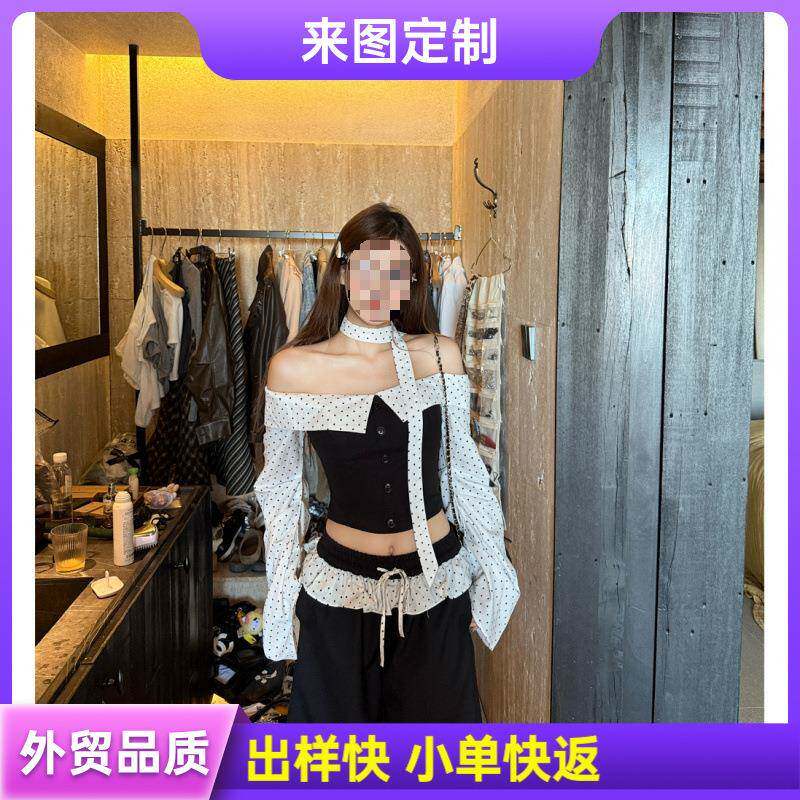 可加刺绣印花 法式波点上衣一字肩长袖衬衫女装秋季别致