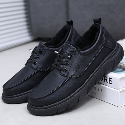 老北京男二棉鞋薄绒超轻超软底防水仿皮面黑色中老年爸爸鞋一脚蹬