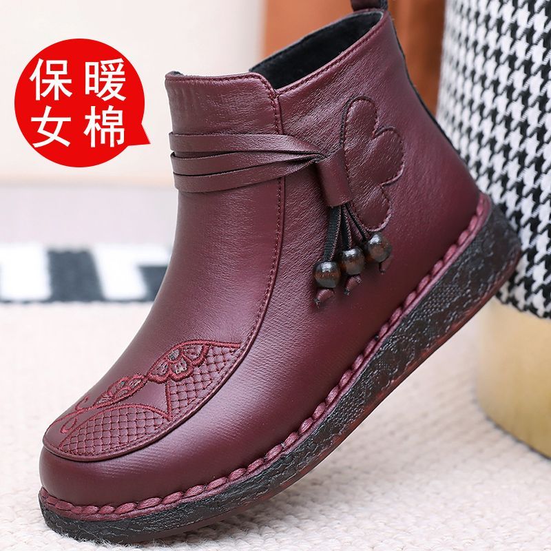 冬季老北京仿皮布防水高帮女棉鞋加厚加绒保暖妈妈短靴防滑老人鞋