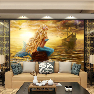 美人鱼餐厅壁画酒吧水族壁纸沐足卧室床头宾馆背景墙装 欧式 饰墙纸