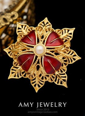 Monet莫奈红珐琅鎏金花朵胸针 | Amy Vintage西洋古董首饰