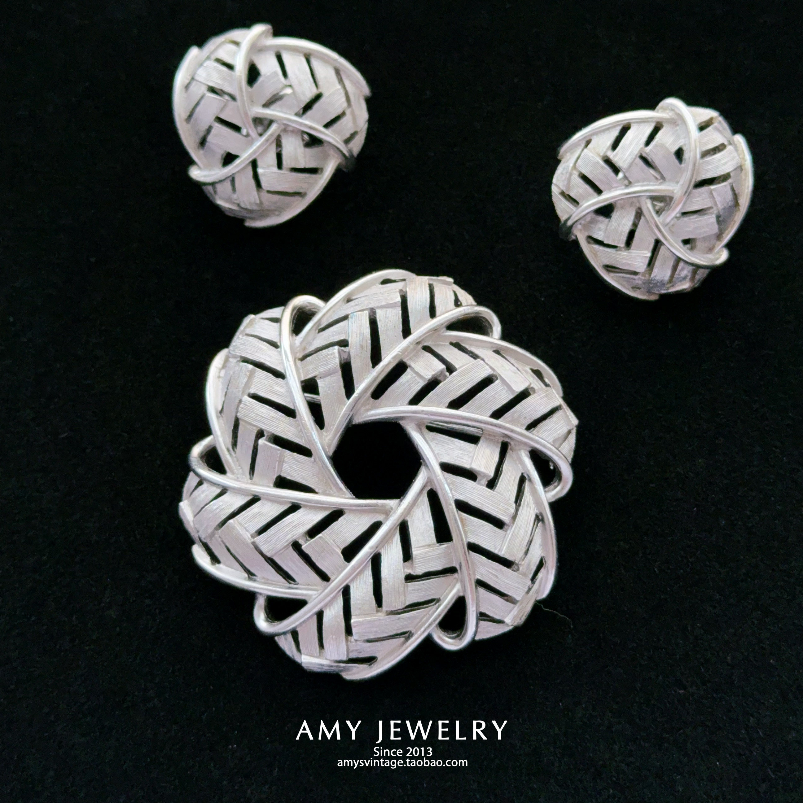 TRIFARI翠法丽银色花朵通勤胸针耳夹套装 | Amy Vintage古董首饰