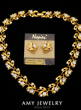 Napier专利款花卉水晶耳钉项链套装 | Amy Vintage西洋古董首饰