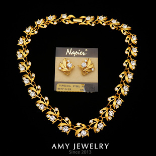 Vintage西洋古董首饰 Amy Napier专利款 花卉水晶耳钉项链套装