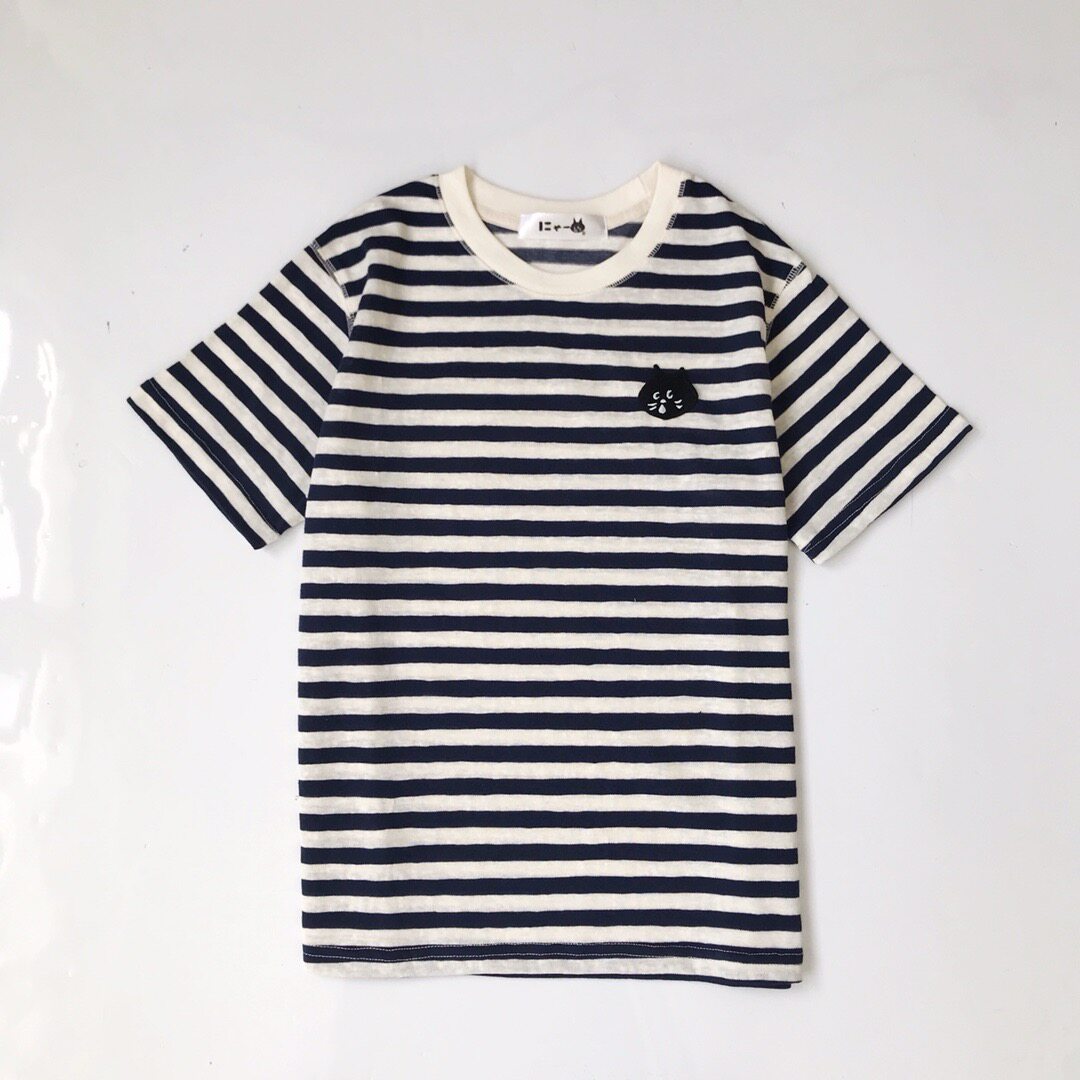 thumbnail for 2025Ss Summer New Japanese Style Casual Surprised Cat Cartoon Stripesd Print Short-Sleeved Cute Cat Round Neck T-Shirt