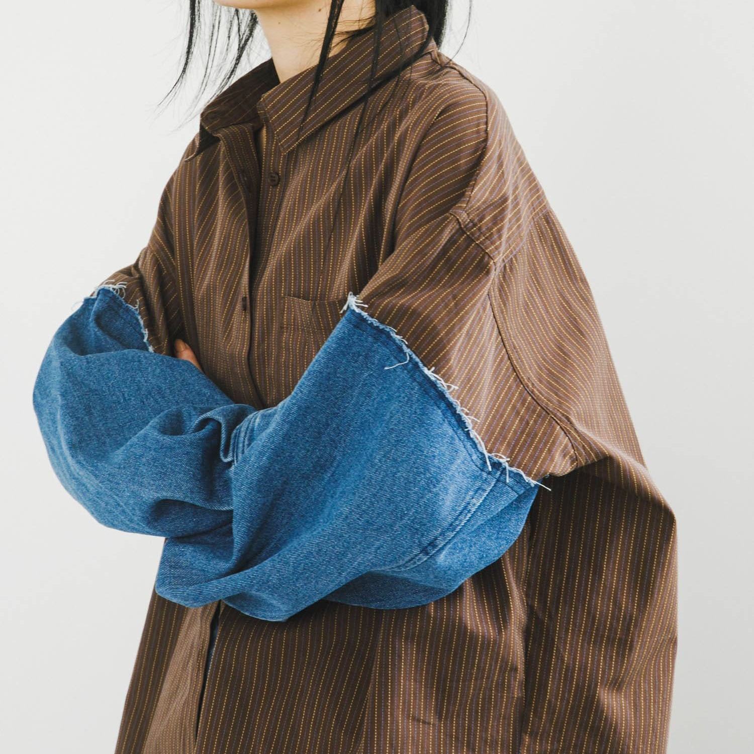 日系条纹拼接牛仔宽松衬衫外套女