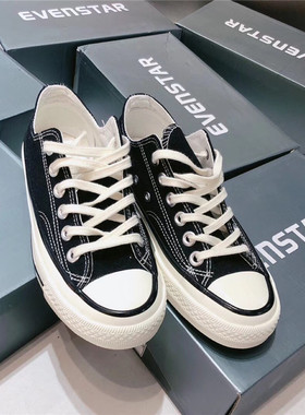 evenstar低帮情侣板鞋女百搭韩版经典款黑色纯色系带帆布鞋平底鞋