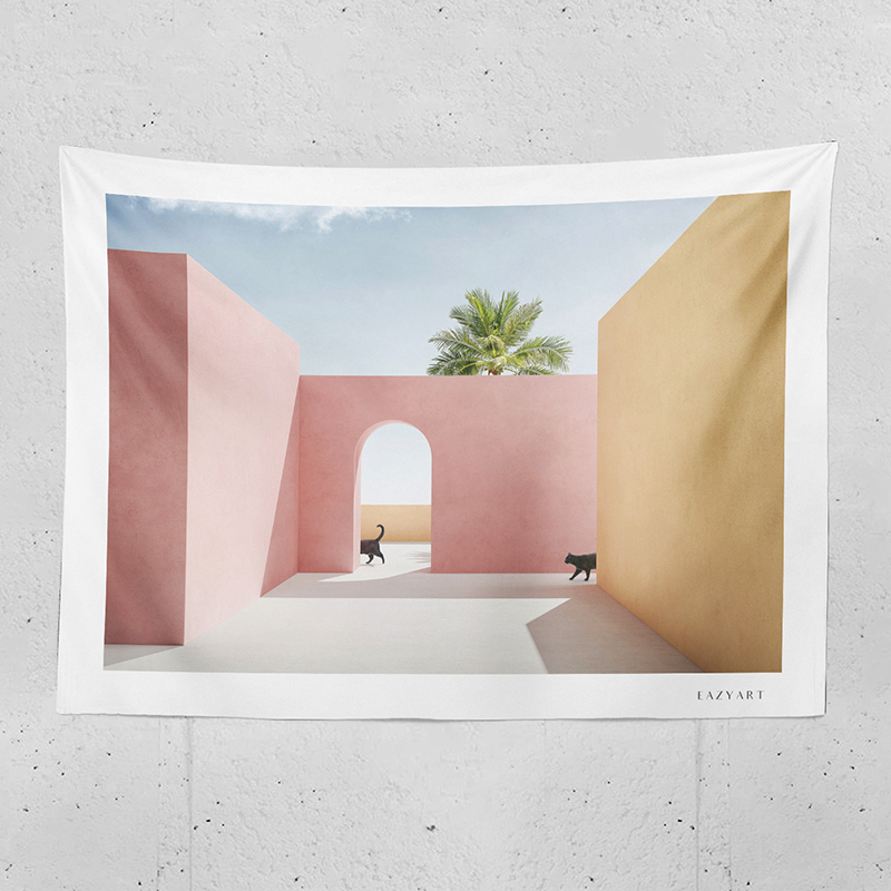 少女心粉色房子猫咪ins布挂画