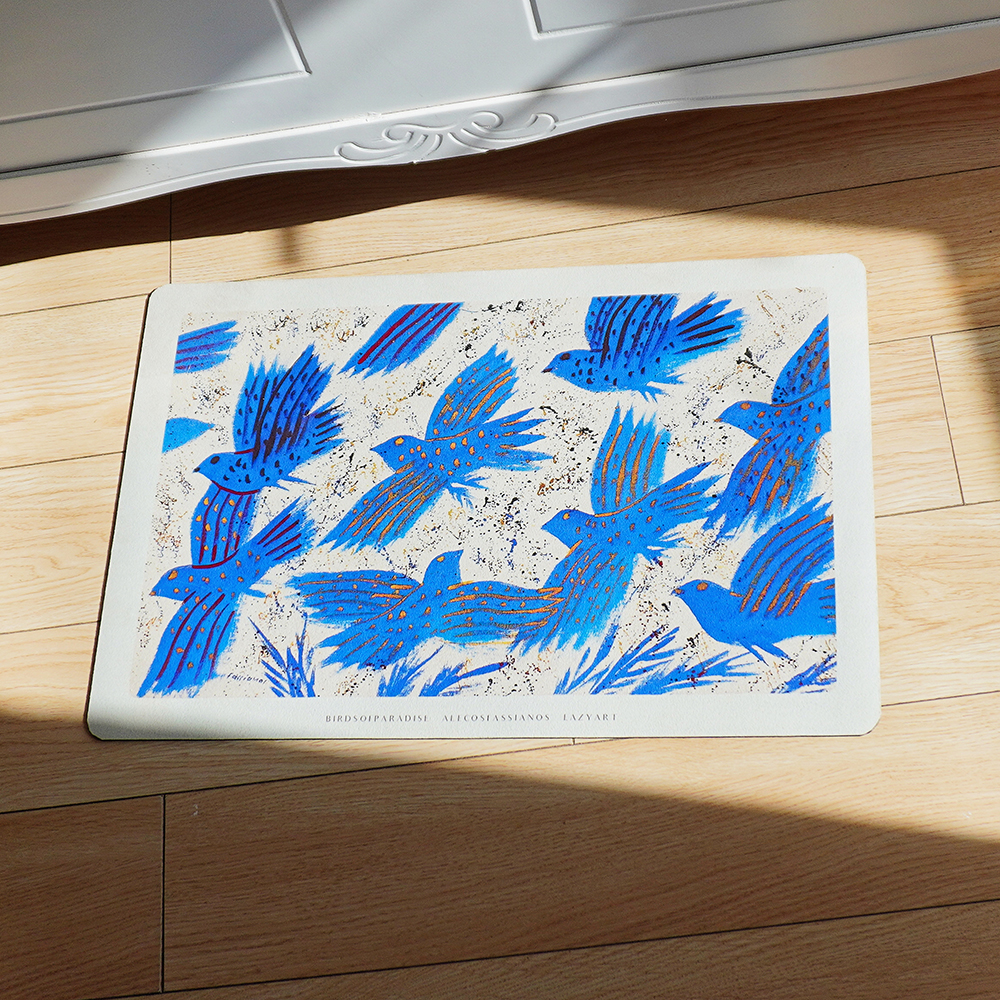 ins蓝色飞鸟艺术感地垫 和平鸽子高级感浴室门口装饰脚垫吸水防滑