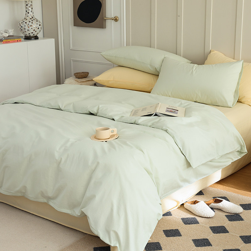 双拼鹅黄春夏水洗棉纯棉四件套被套床单全棉1.8m透气柔软裸睡简约