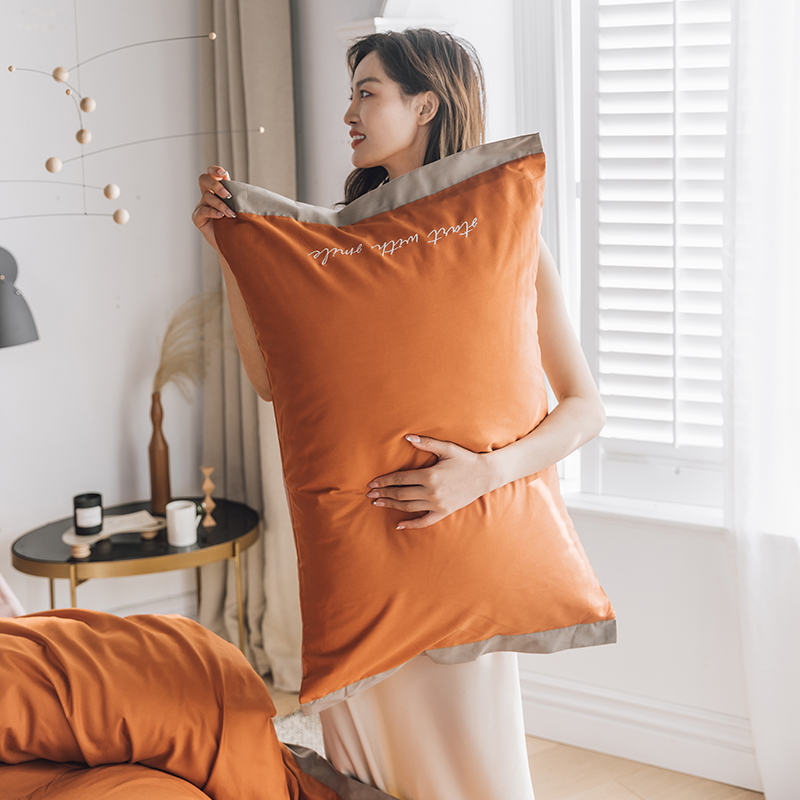 ins风纯棉枕套刺绣纯色双拼酒店风宽边40支全棉信封式枕头套单只