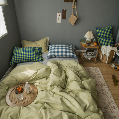 网红复古双拼单人米床全棉四件套