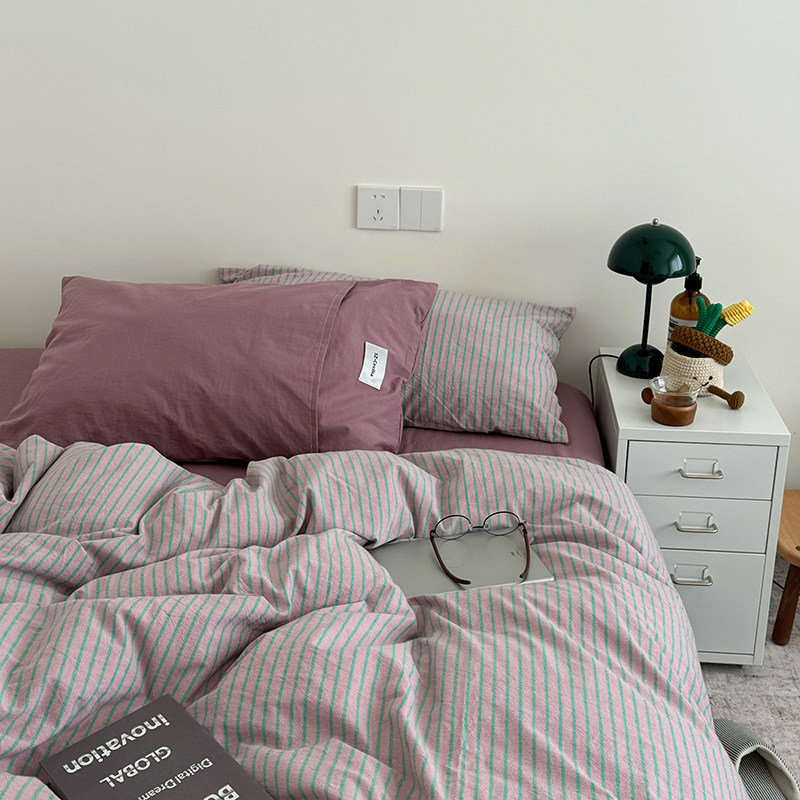 日式侘寂风条纹水洗棉床品套件