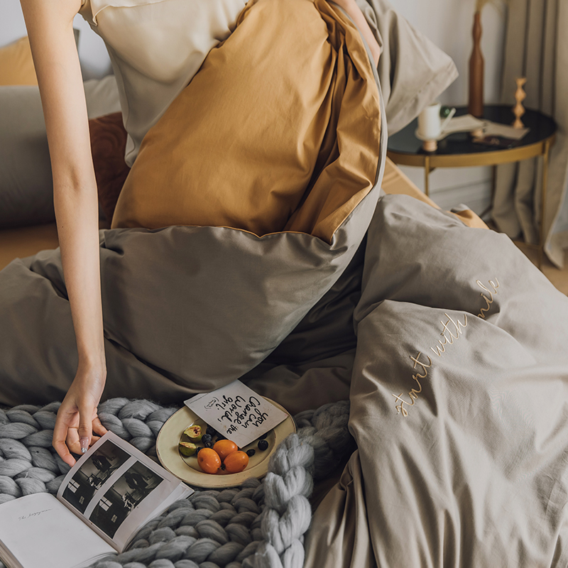 网红双拼纯棉被套刺绣撞色全棉