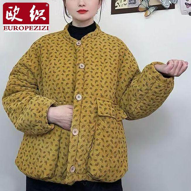 冬季新款时尚洋气灯芯绒加绒加厚大口袋棉衣宽松休闲显瘦棉服女潮