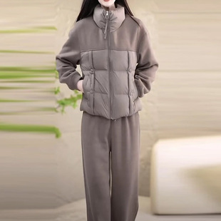 特大码女装搭配一整套高级感羽绒棉服外套秋冬棉衣阔腿裤两件套装