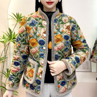 中老年女装2024冬季新款时尚花色Z毛边加绒加厚民族风保暖棉衣女