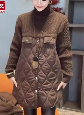 假两件针织拼接棉服女秋冬新款宽松显瘦半高领毛衣中长款夹棉卫衣