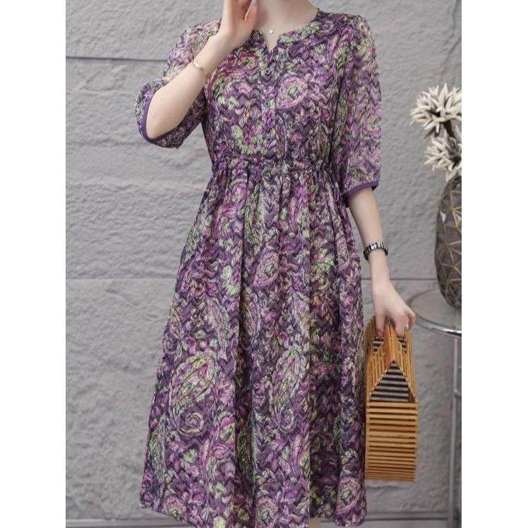 时尚爆款气质碎花2025印花连衣裙夏季新款收腰洋气显瘦中长款裙子