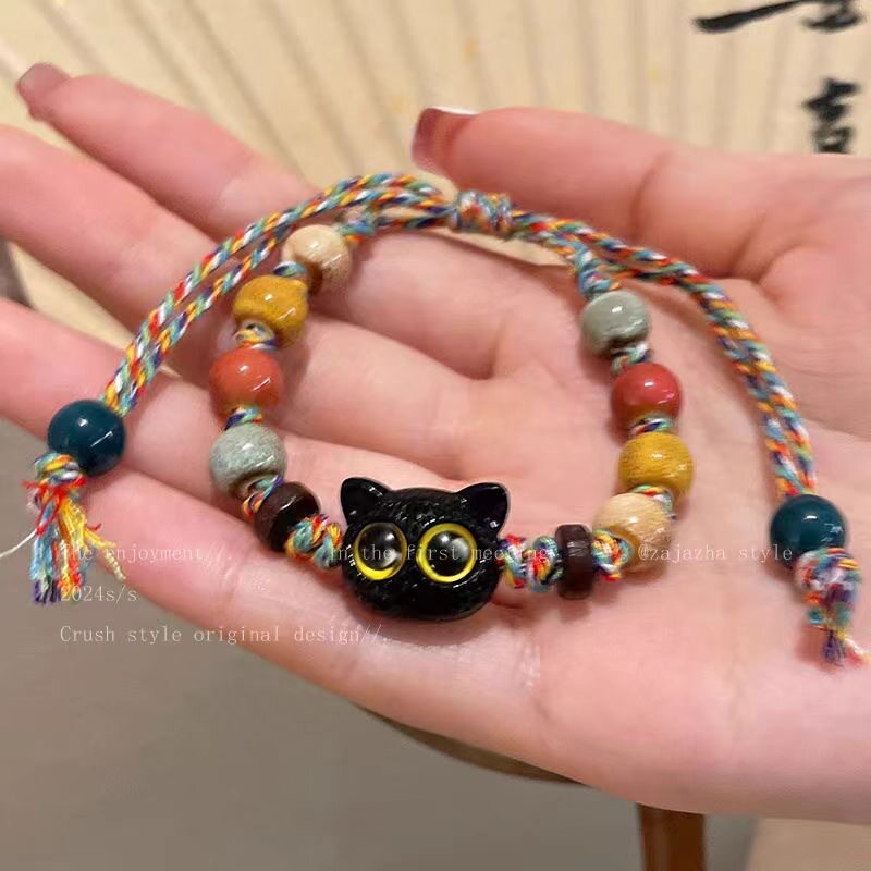彩色玻璃猫咪编织绳手链ins复古风小众感个性手串学生情侣饰